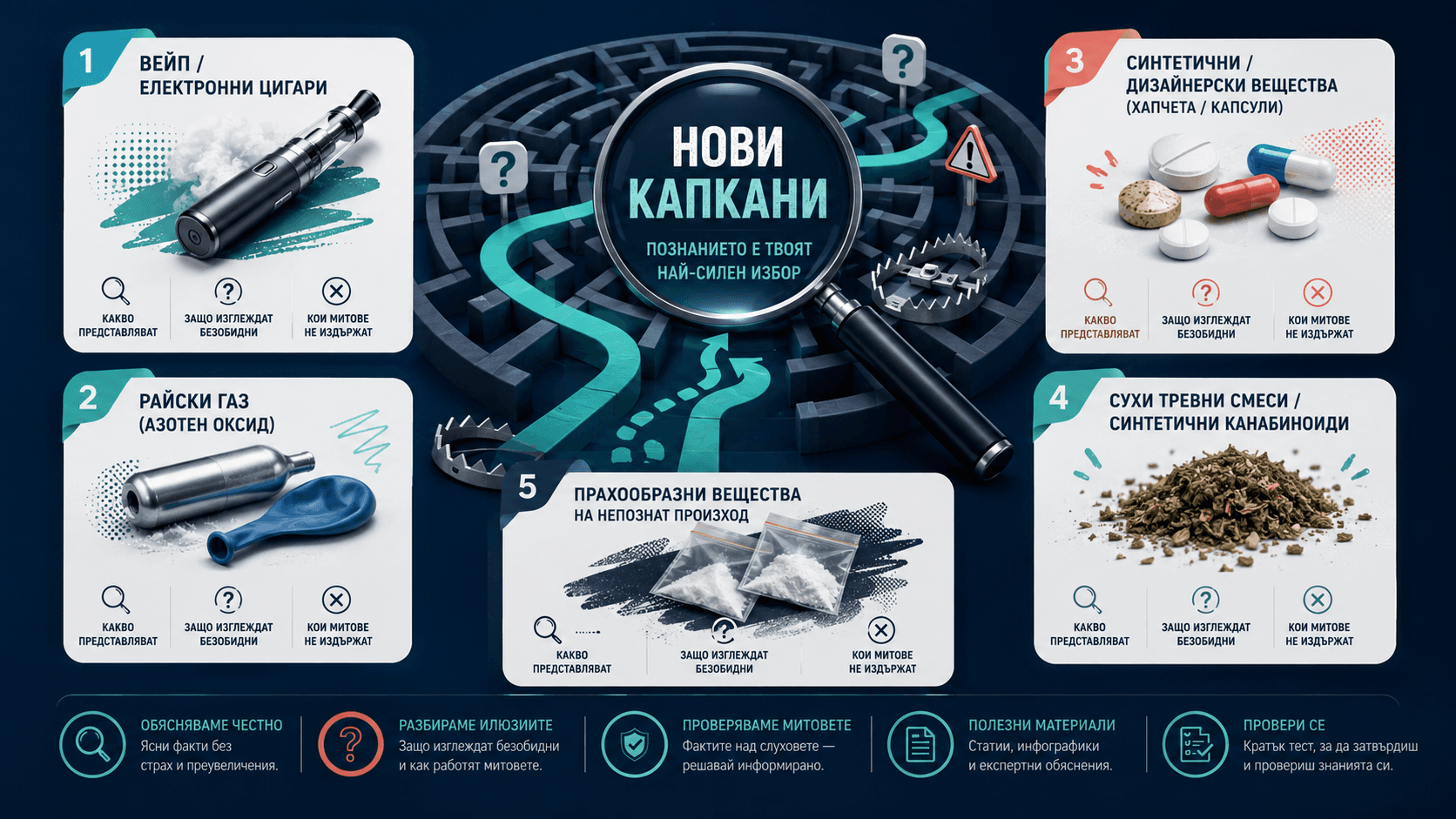 Инфографика „Нови капани“ – петте групи вещества и как ги разглеждаме: какво представляват, защо изглеждат безобидни и кои митове не издържат